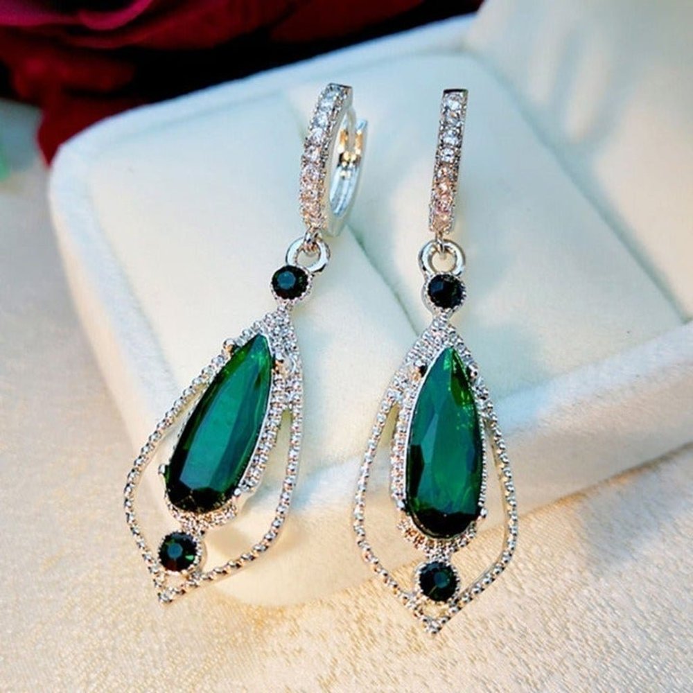 Big Geometric Lovely Emerald Drop CZ Hoop Earrings